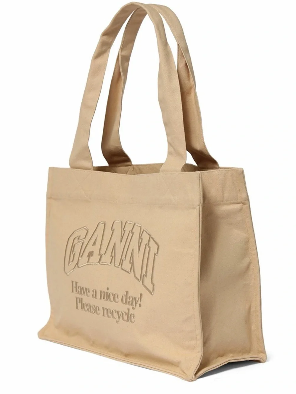 NWT Ganni tote tan beige cotton canvas tote gold embroidered logo w/ silk insert